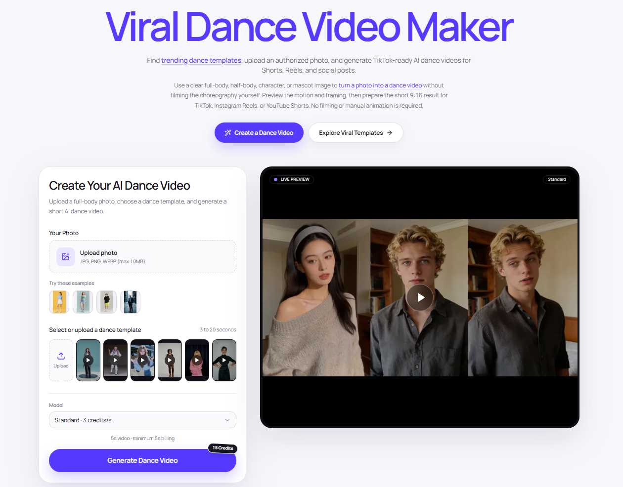 Screenshot of AI Viral Dance Generator - showing app interface and features