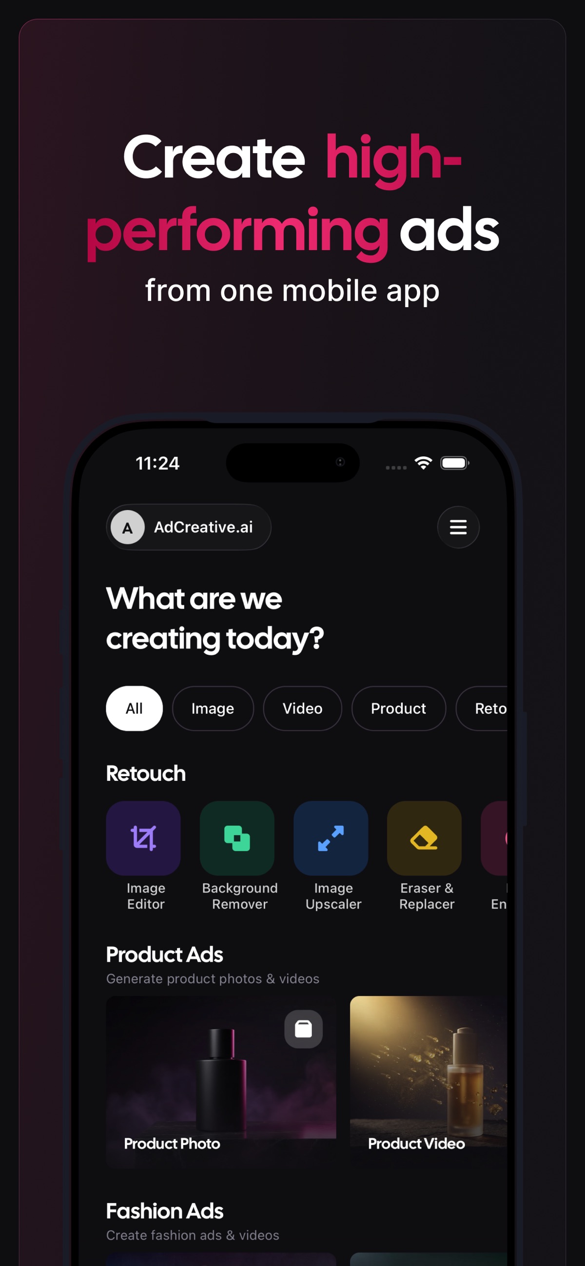 Screenshot of AdCreative.ai - showing app interface and features