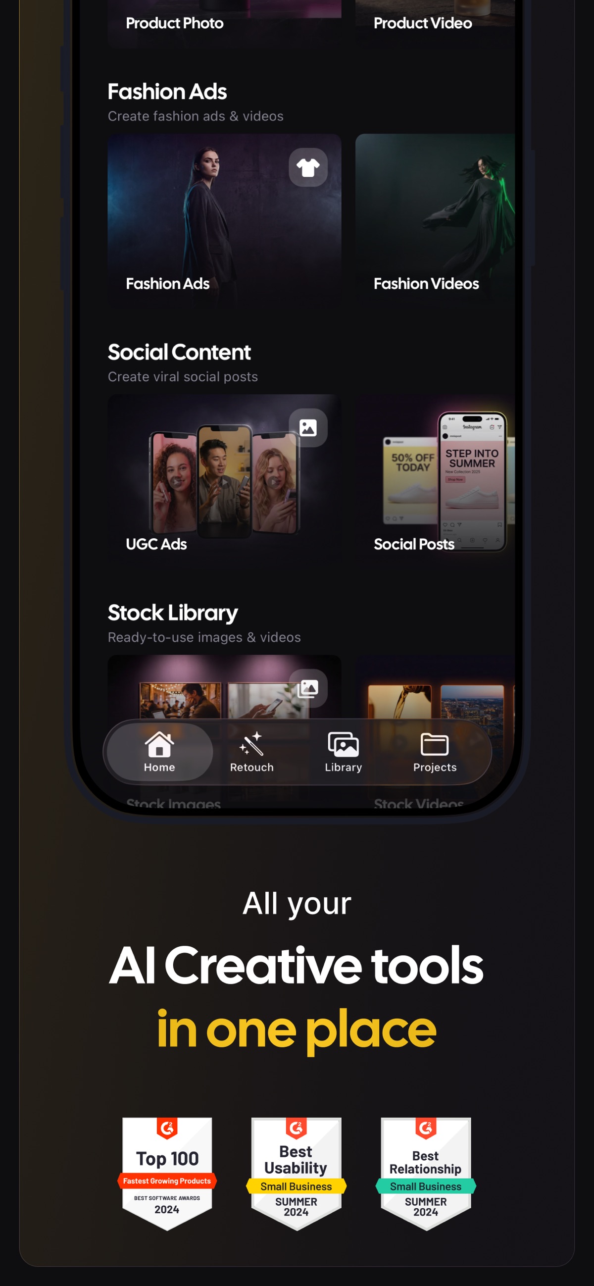 Screenshot of AdCreative.ai - showing app interface and features