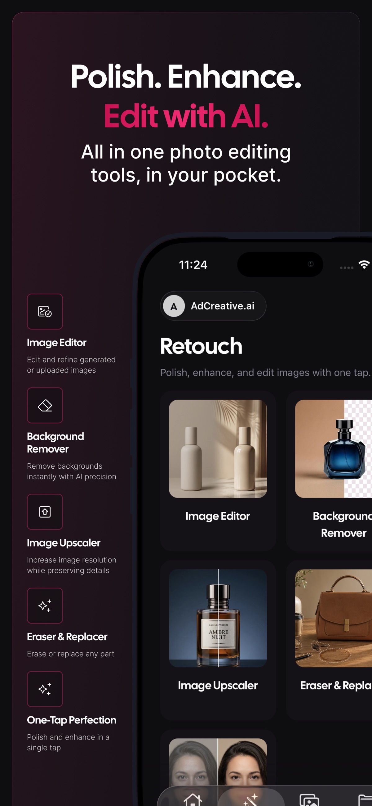 Screenshot of AdCreative.ai - showing app interface and features