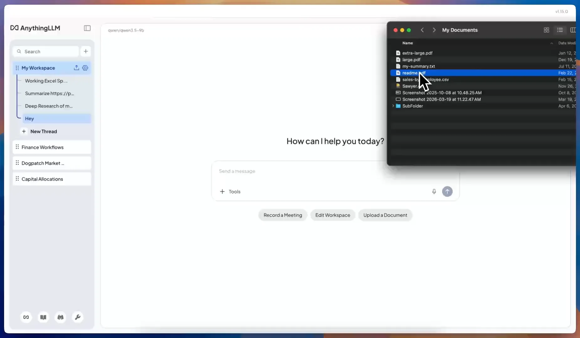 Screenshot of AnythingLLM - showing app interface and features