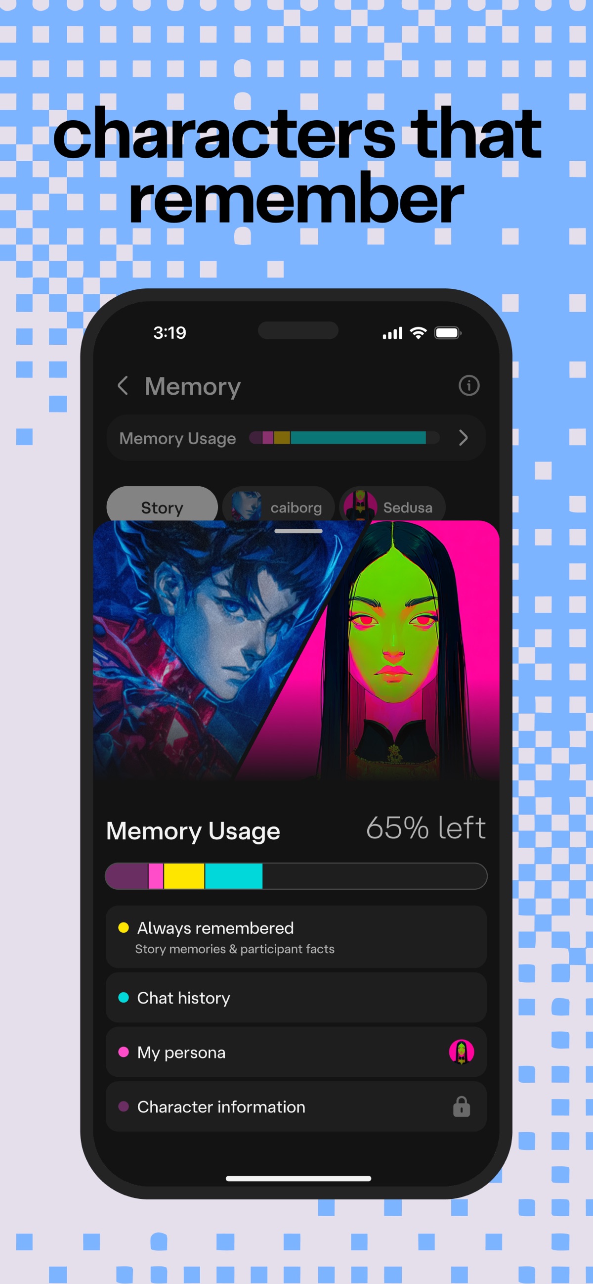 Screenshot of Character.AI - showing app interface and features