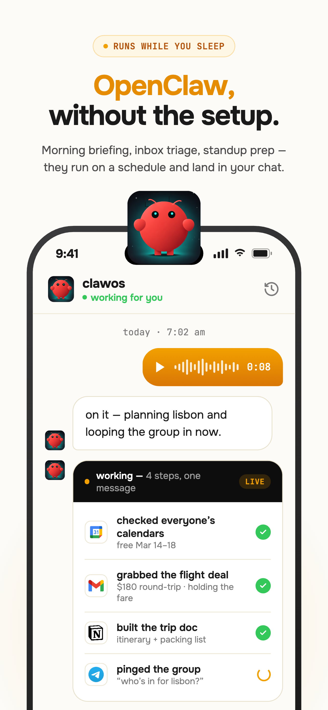 Screenshot of ClawOS - showing app interface and features