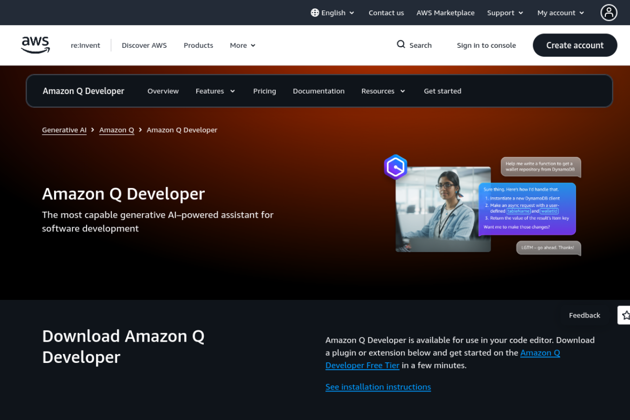 Screenshot of CodeWhisperer - showing app interface and features