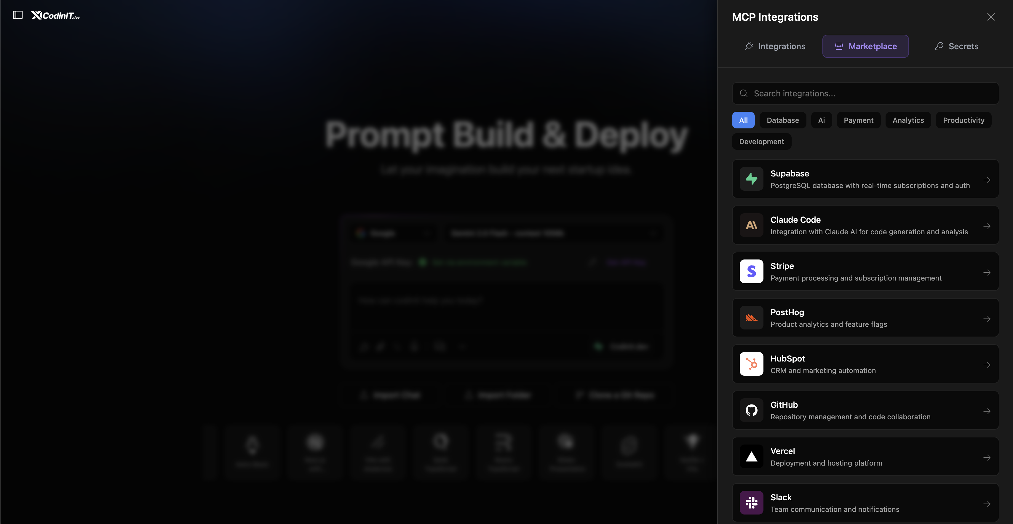 Screenshot of CodinIT.dev - showing app interface and features