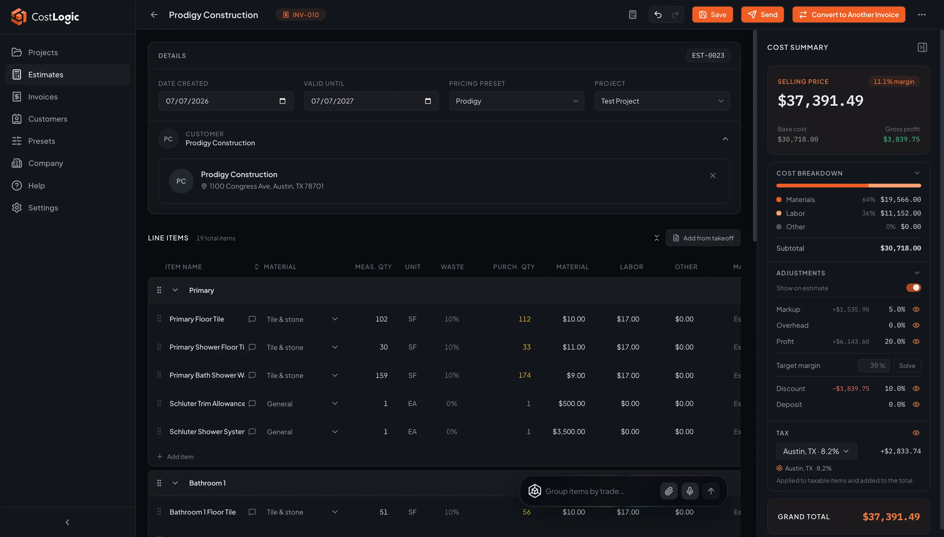 Screenshot of CostLogic - showing app interface and features