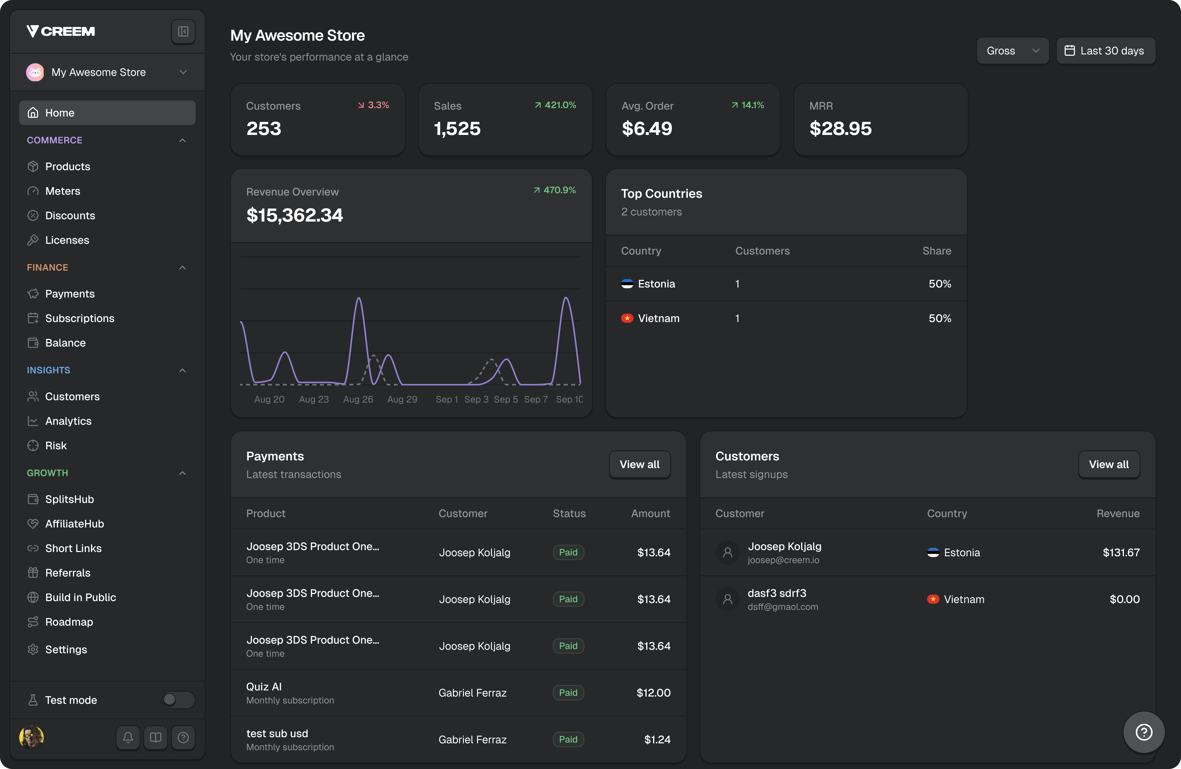 Screenshot of Creem - showing app interface and features