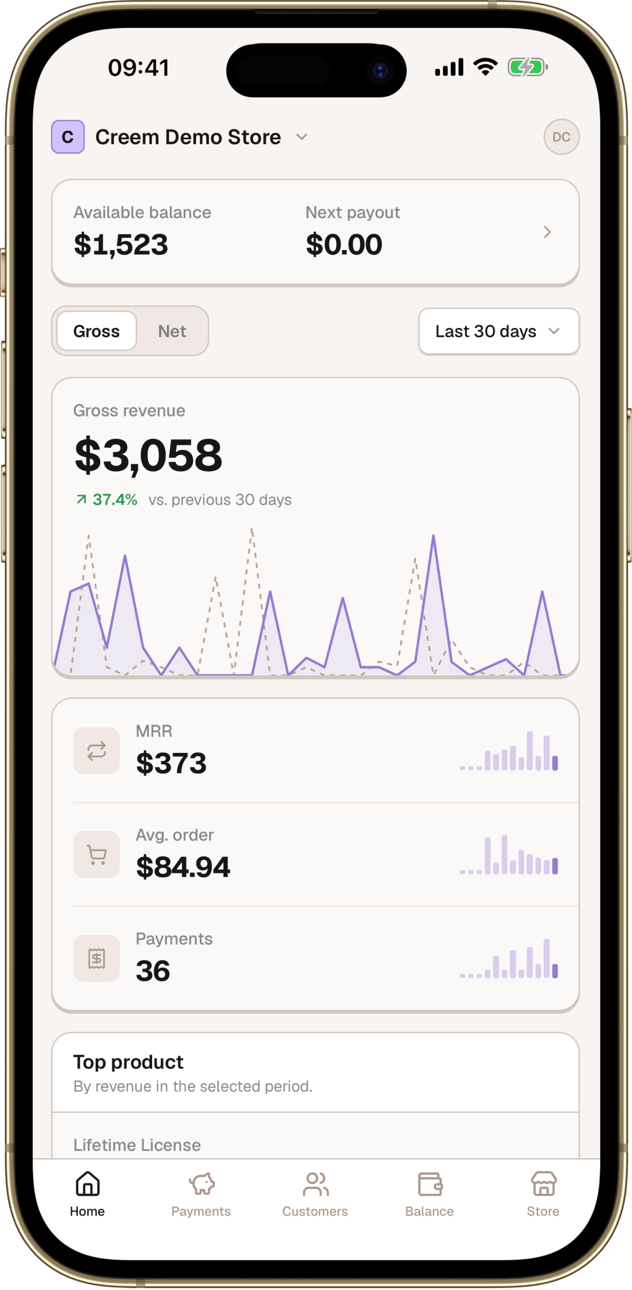 Screenshot of Creem - showing app interface and features