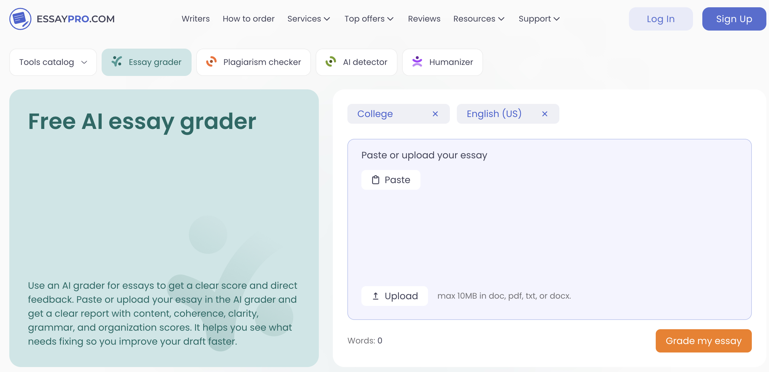 Screenshot of Free AI essay grader - showing app interface and features