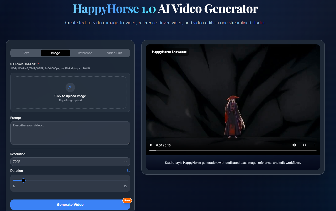 Screenshot of HappyHorse 1.0 - showing app interface and features