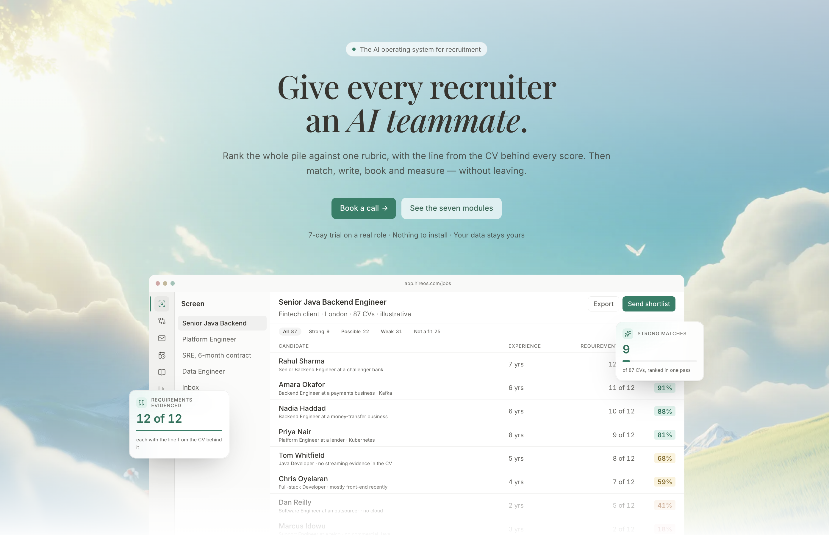Screenshot of HireOS - showing app interface and features