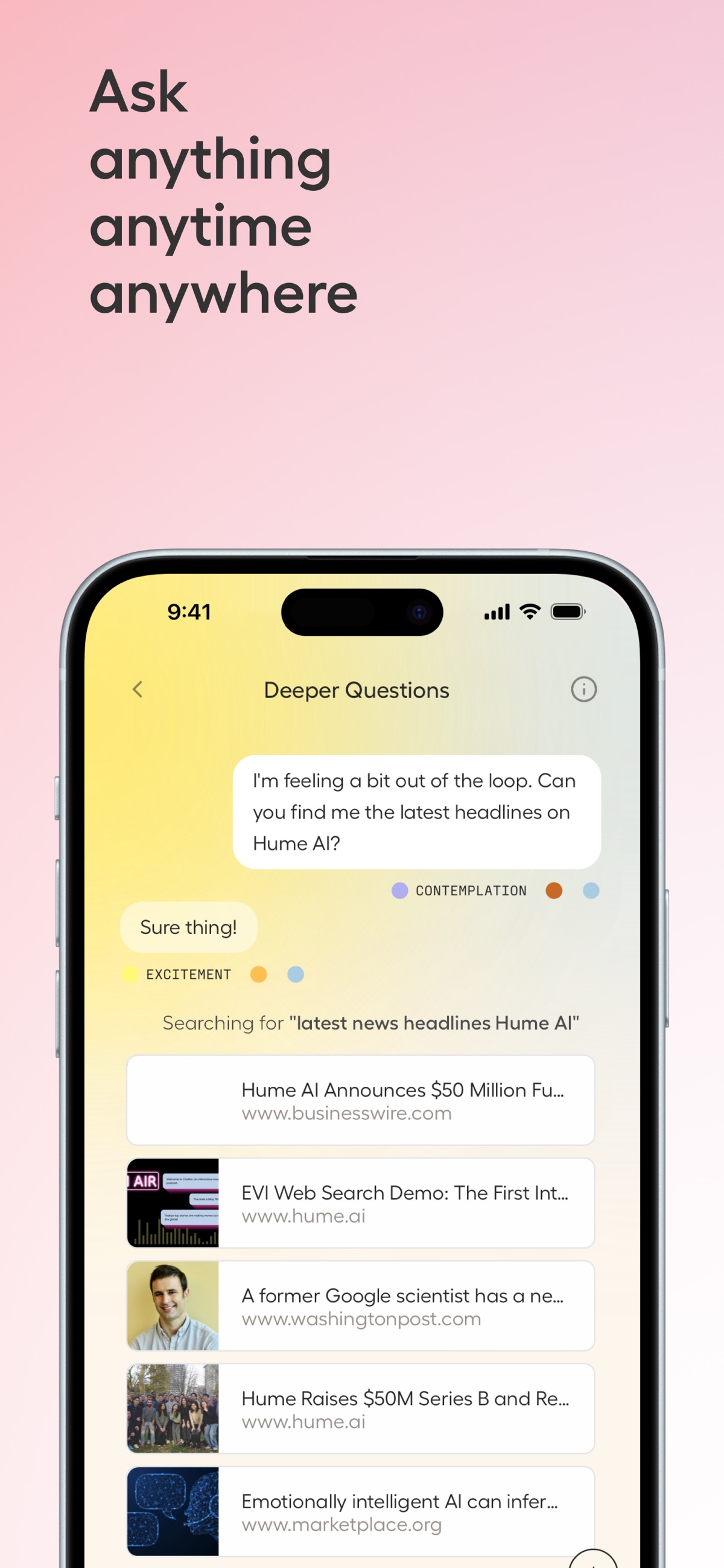 Screenshot of Hume AI - showing app interface and features