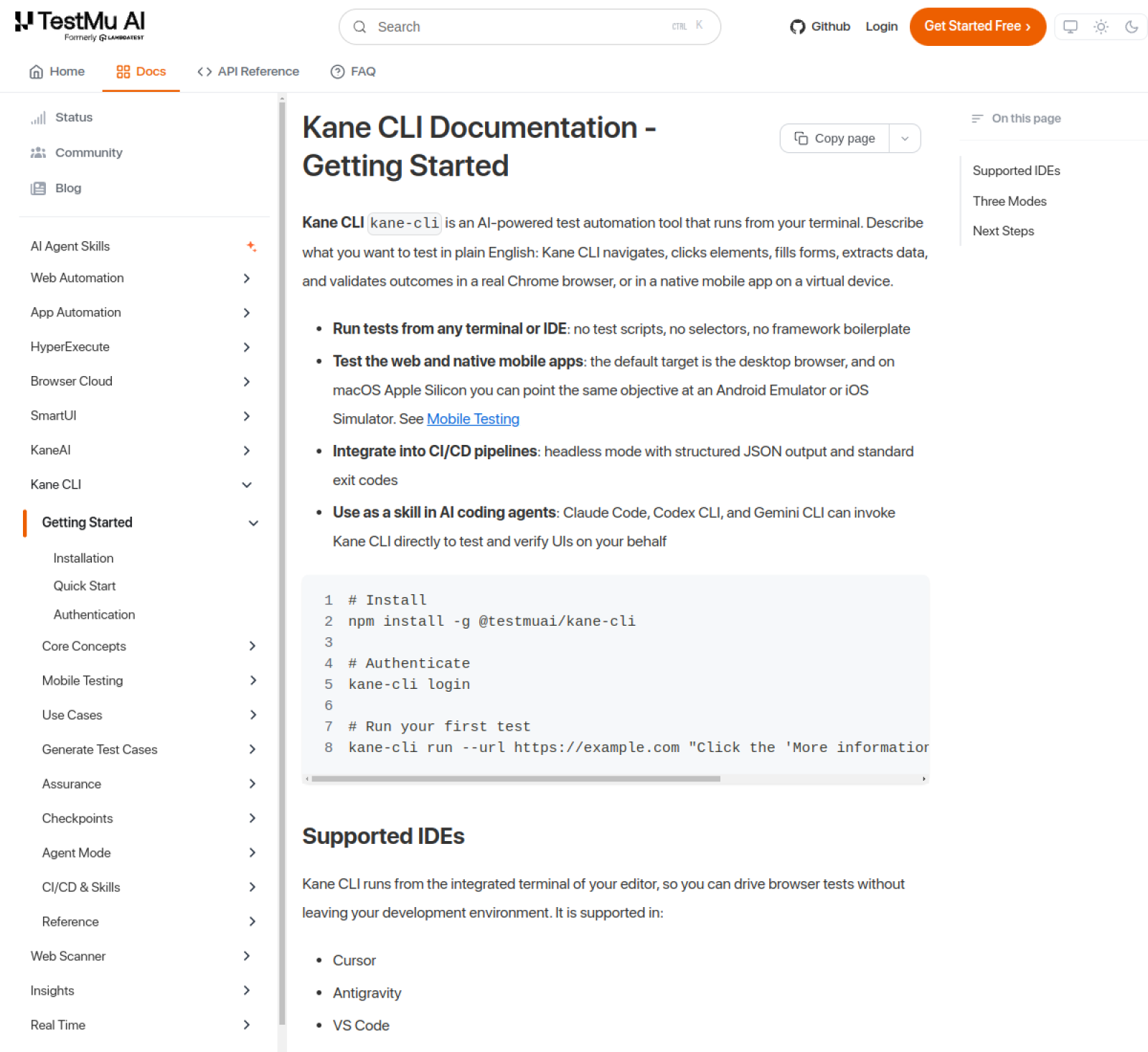 Screenshot of Kane CLI - showing app interface and features