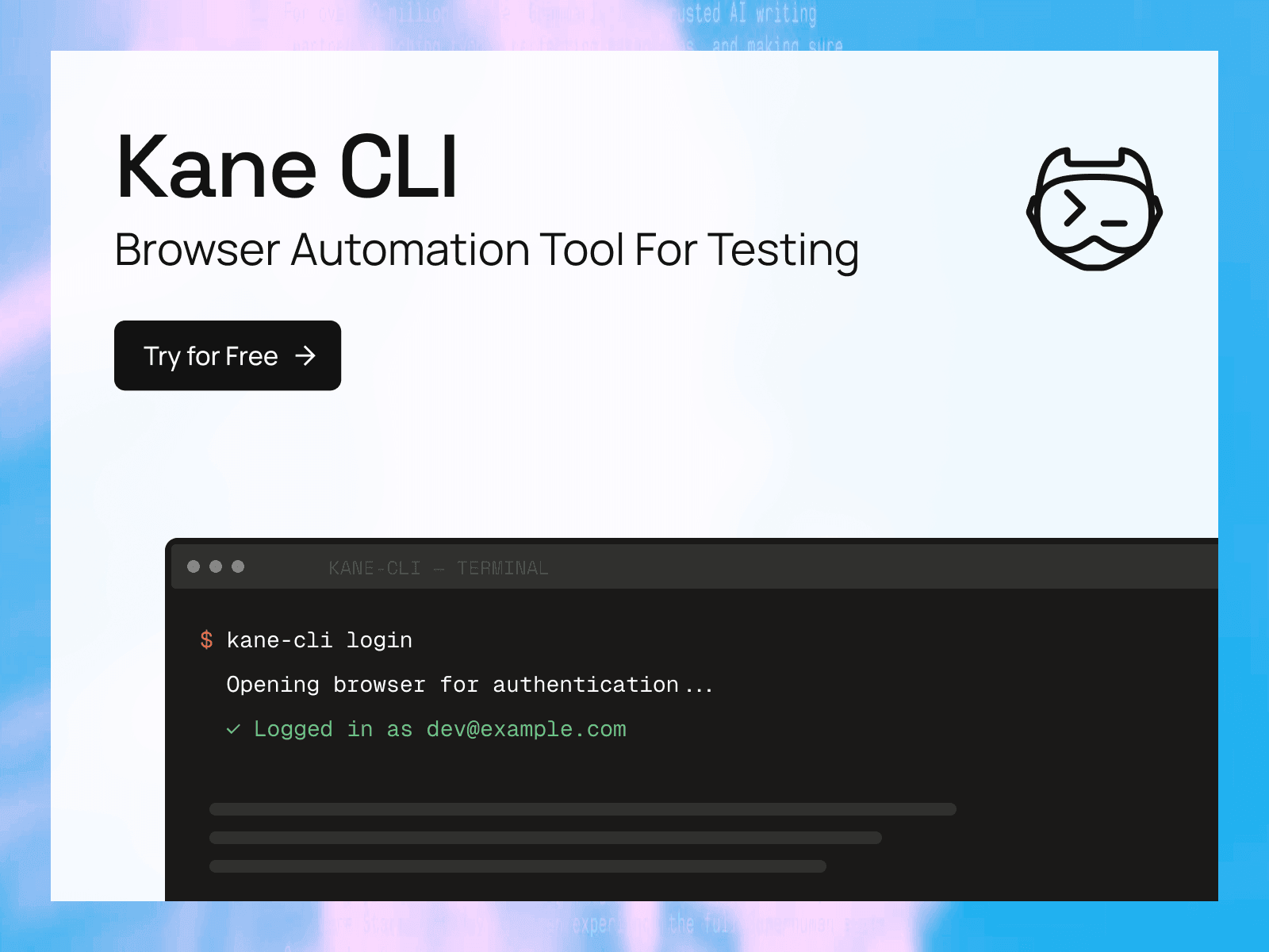 Screenshot of Kane CLI - showing app interface and features