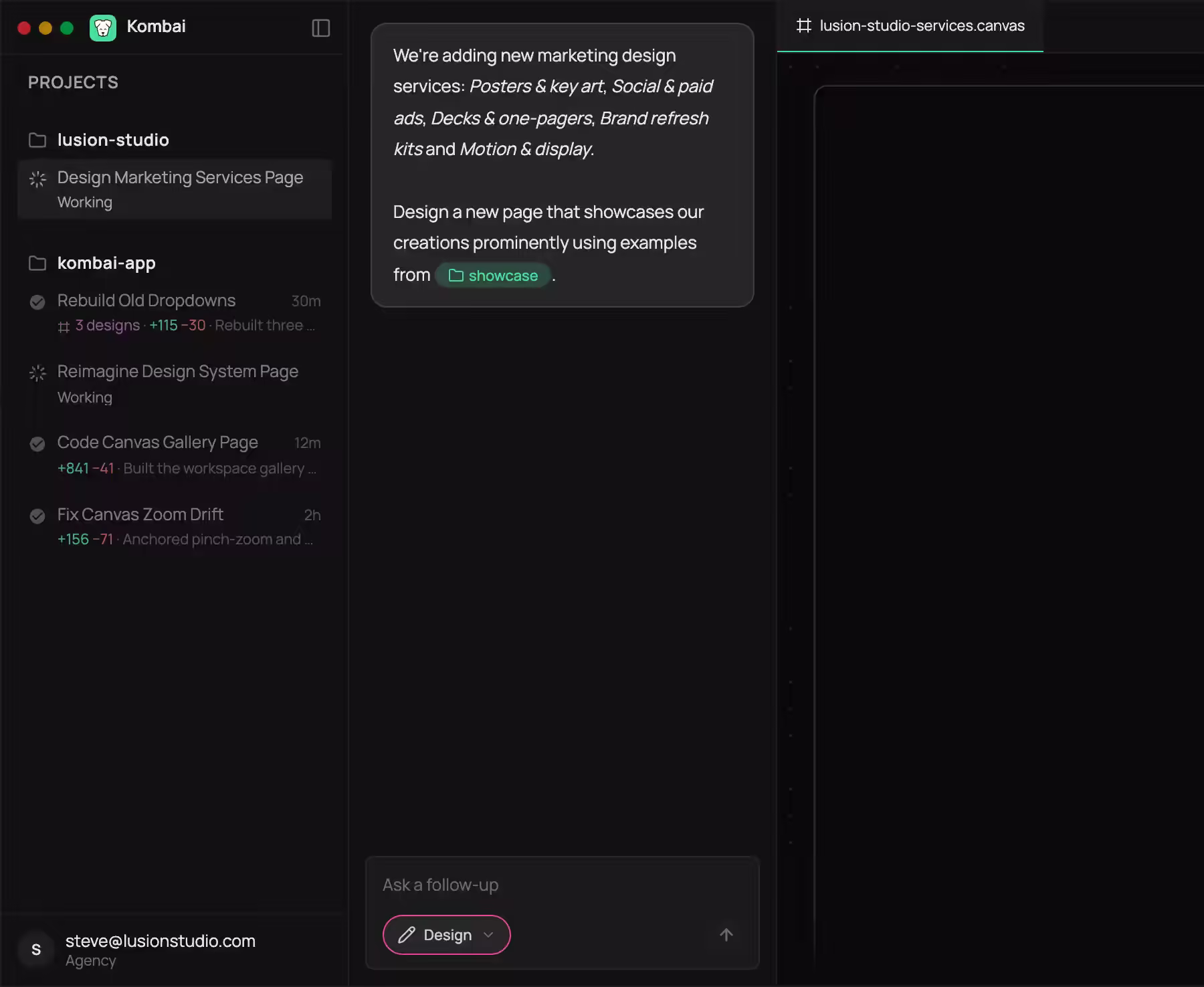 Screenshot of Kombai - showing app interface and features