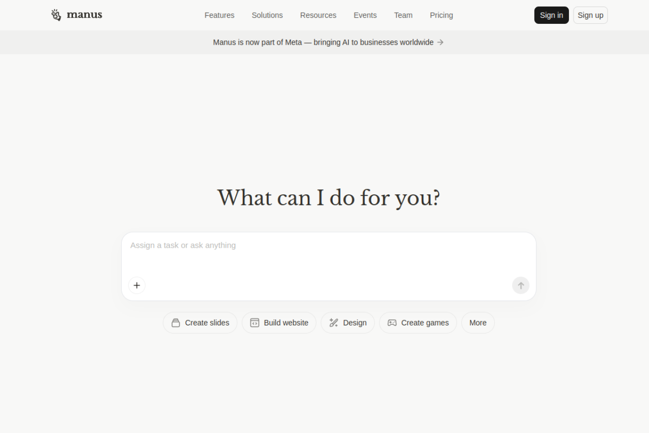 Screenshot of Manus - showing app interface and features