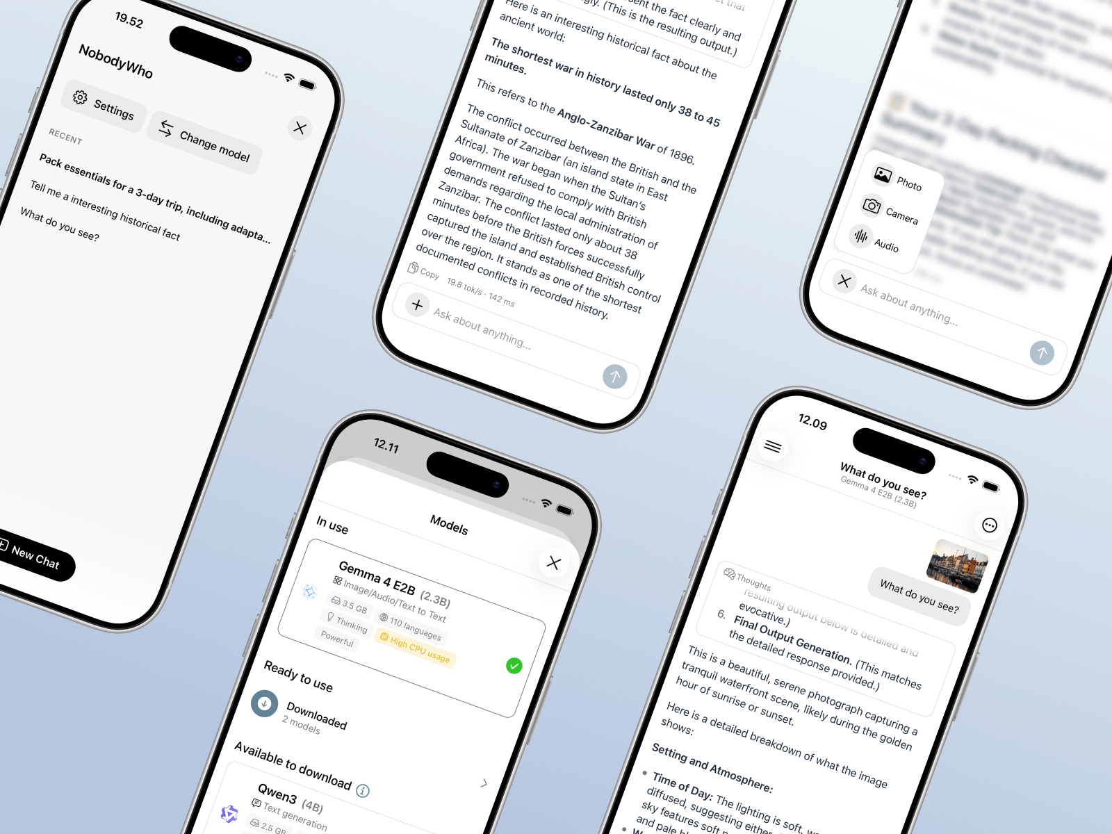 Screenshot of NobodyWho - showing app interface and features