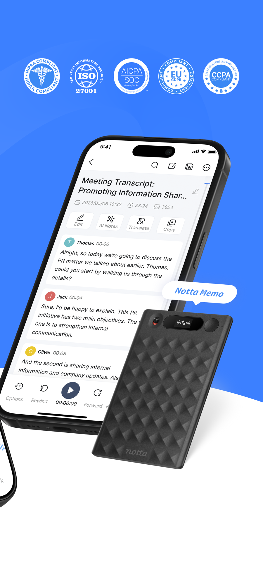 Screenshot of Notta - showing app interface and features