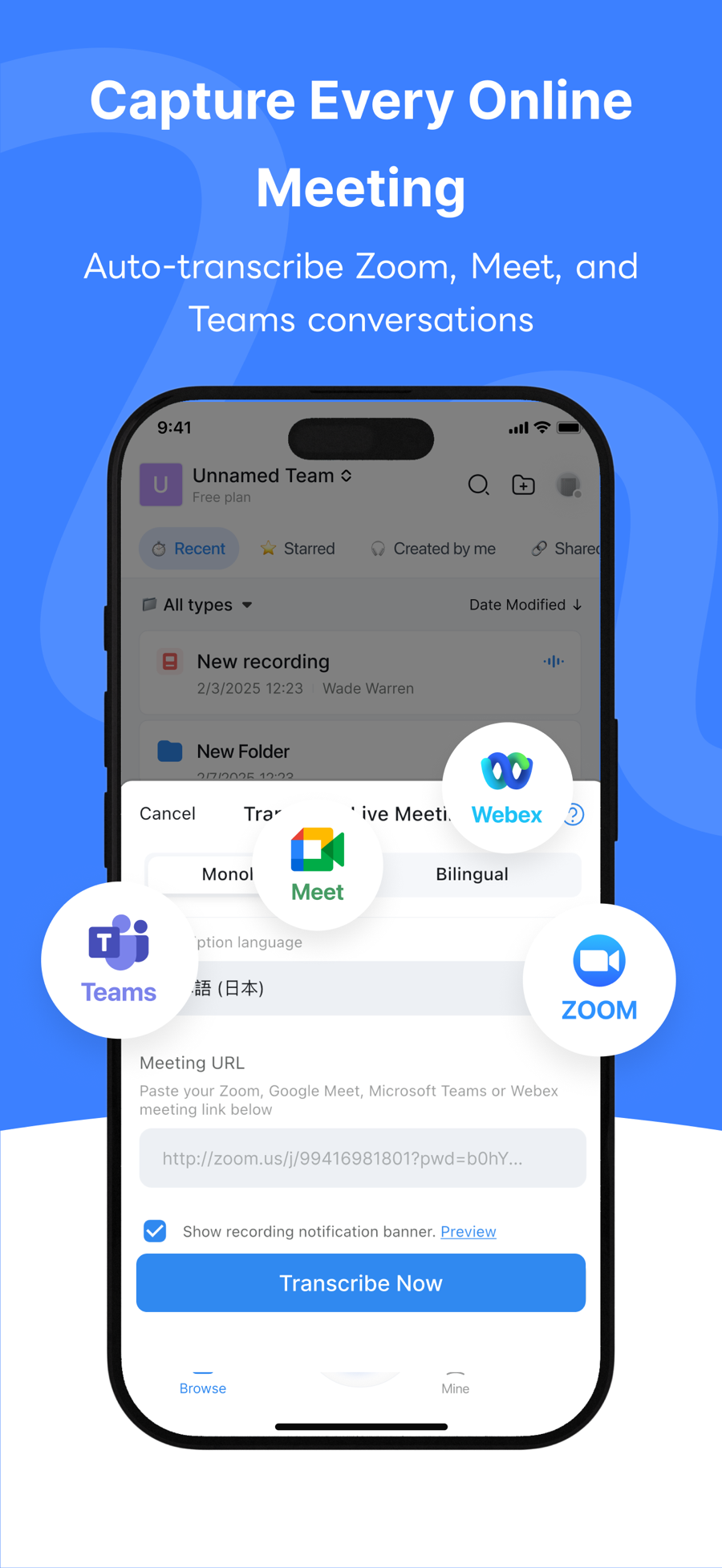 Screenshot of Notta - showing app interface and features