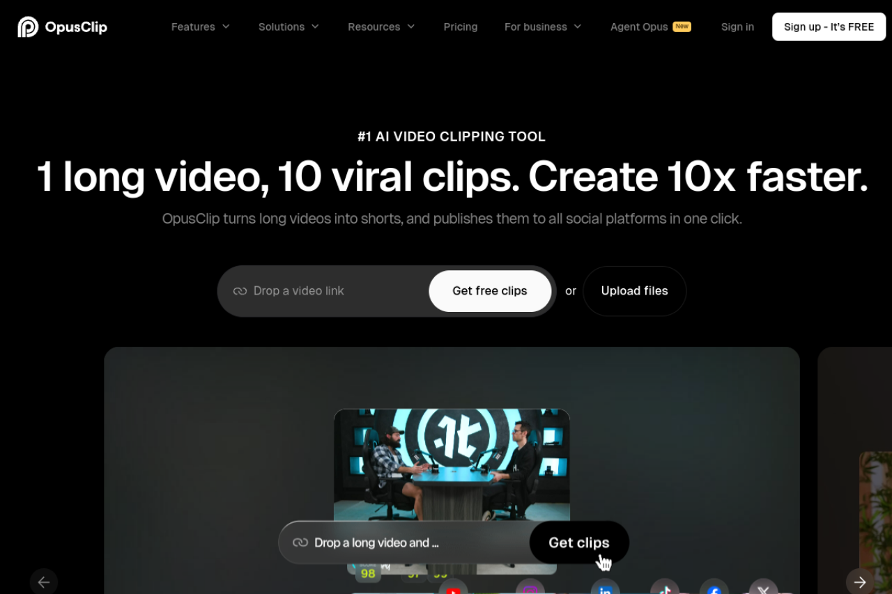Screenshot of OpusClip - showing app interface and features