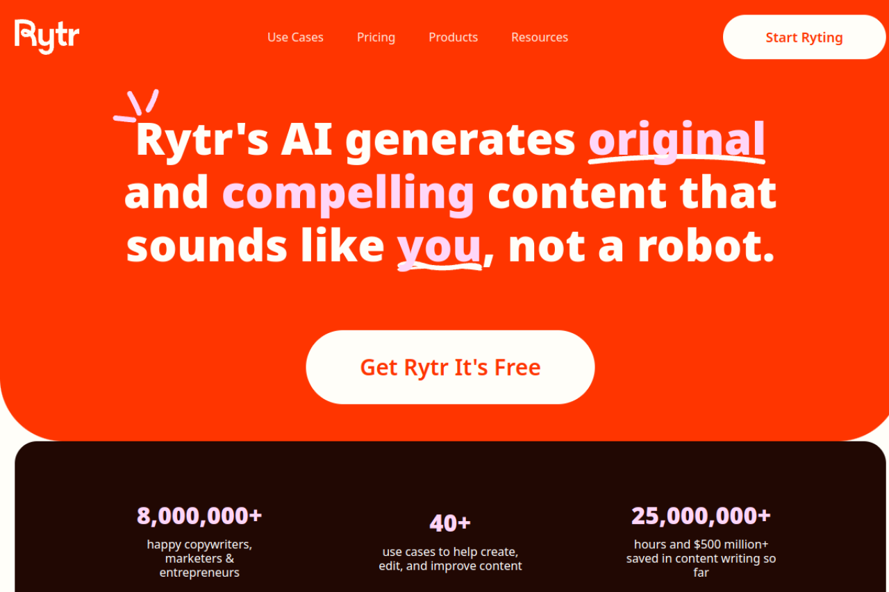 Screenshot of Rytr - showing app interface and features