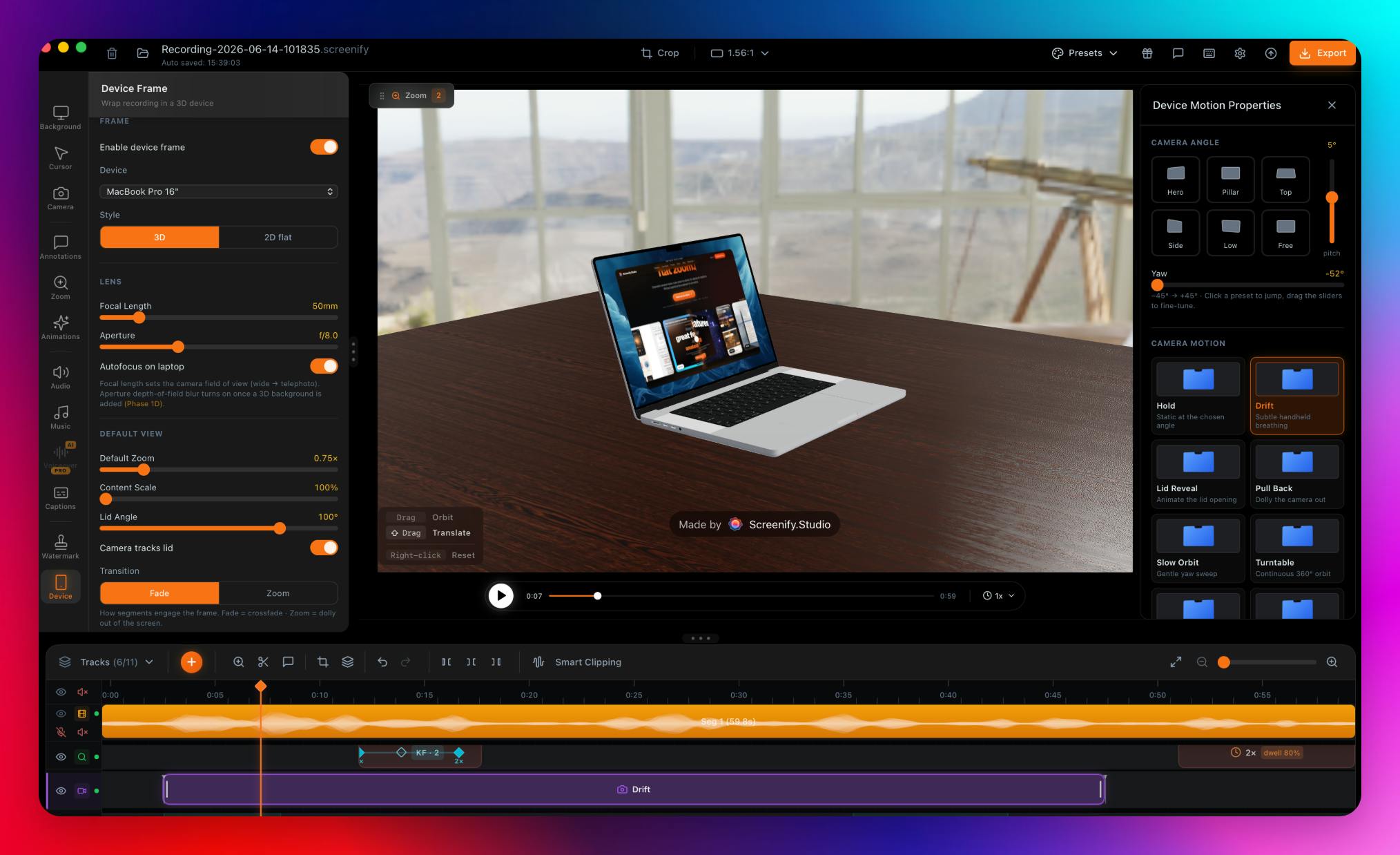 Screenshot of Screenify Studio - showing app interface and features
