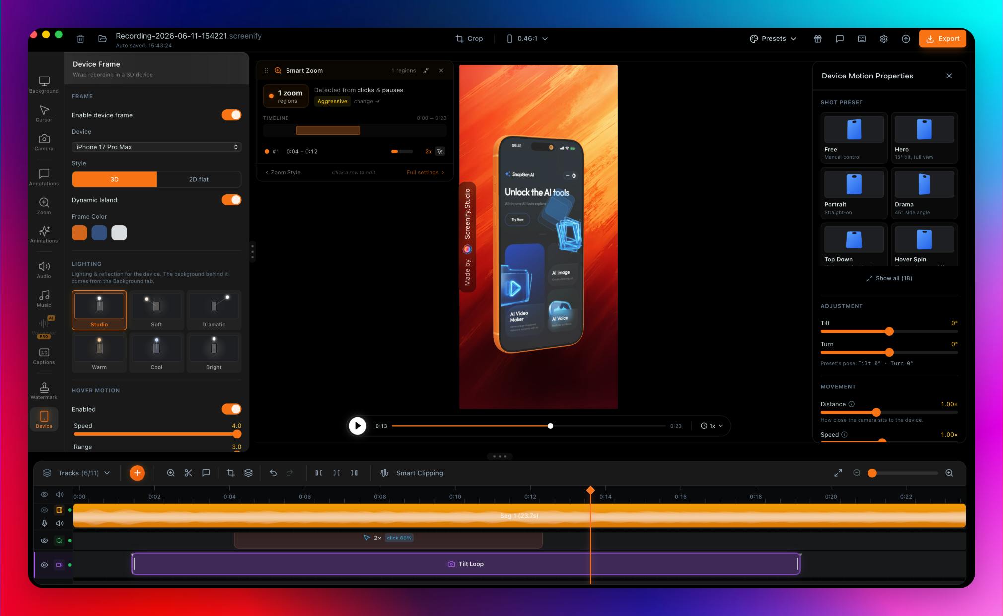 Screenshot of Screenify Studio - showing app interface and features