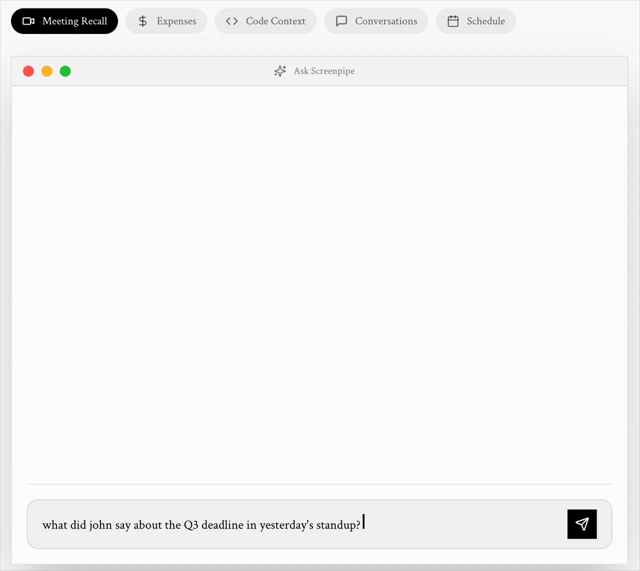 Screenshot of Screenpipe - showing app interface and features
