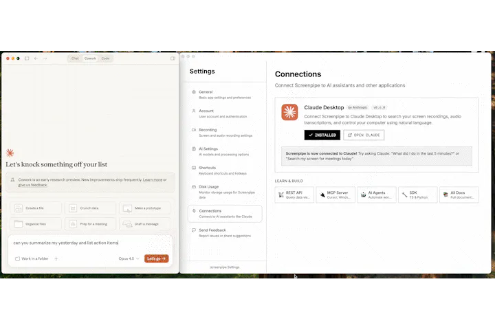 Screenshot of Screenpipe - showing app interface and features
