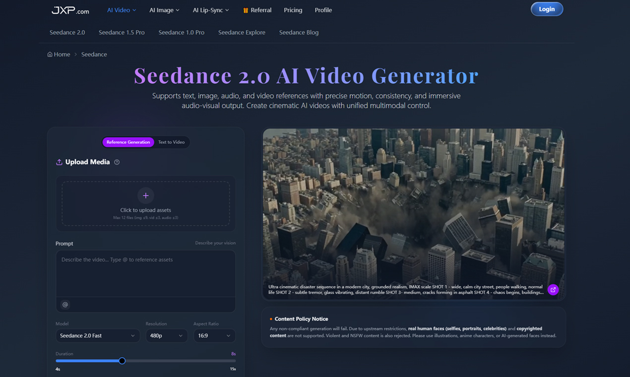 Screenshot of Seedance 2.0 AI - showing app interface and features
