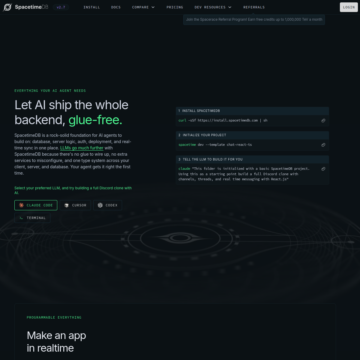 Screenshot of SpacetimeDB - showing app interface and features