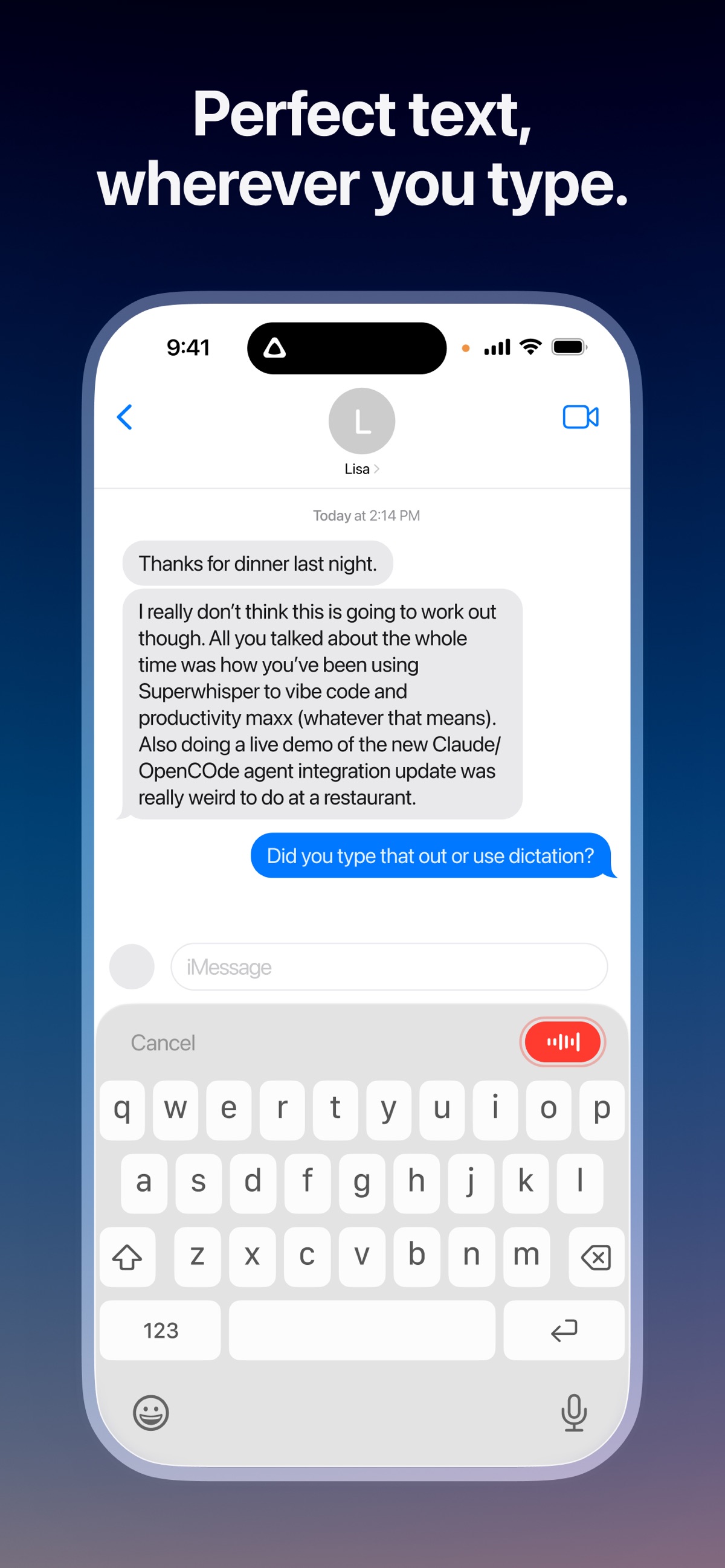 Screenshot of Superwhisper - showing app interface and features
