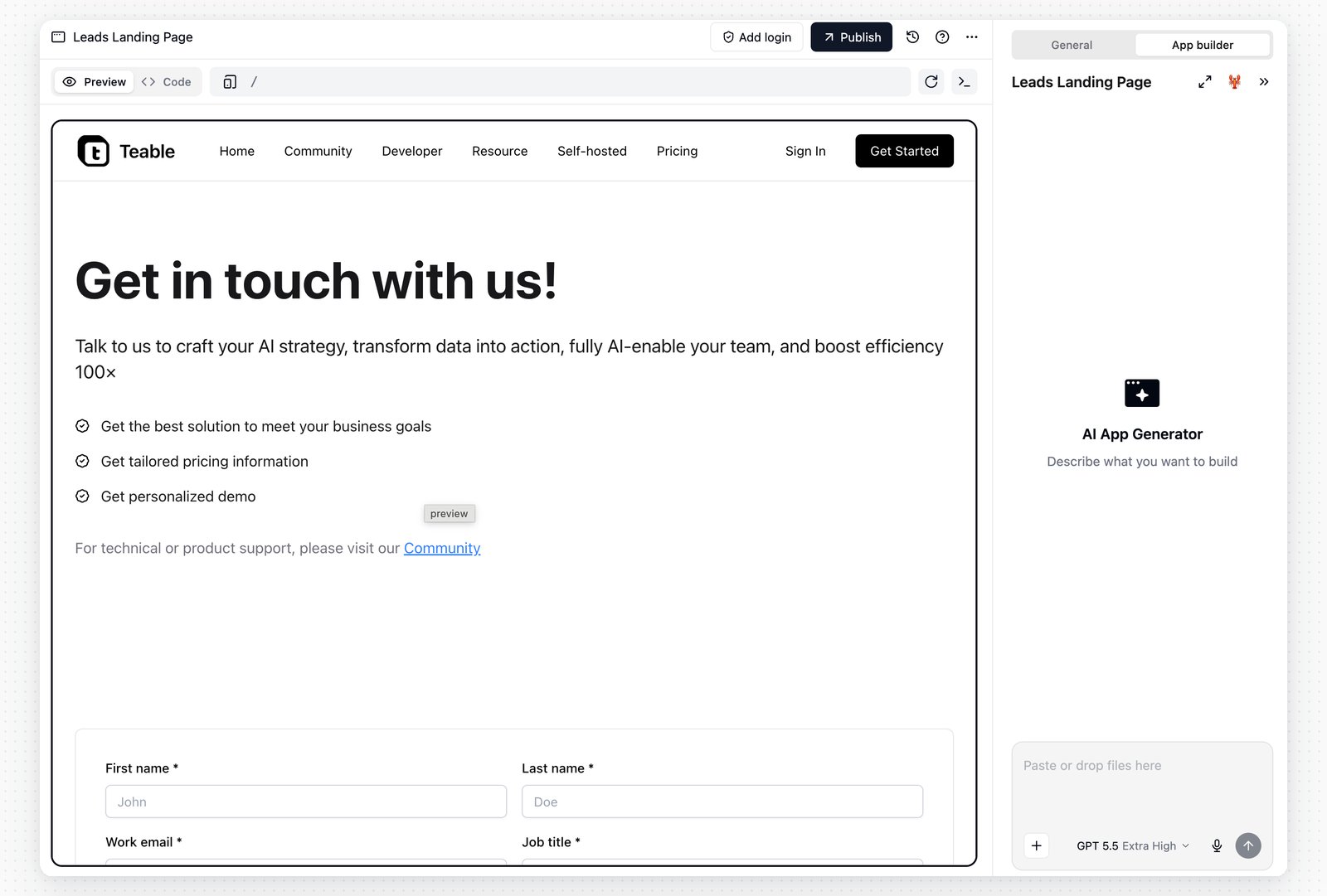 Screenshot of Teable - showing app interface and features