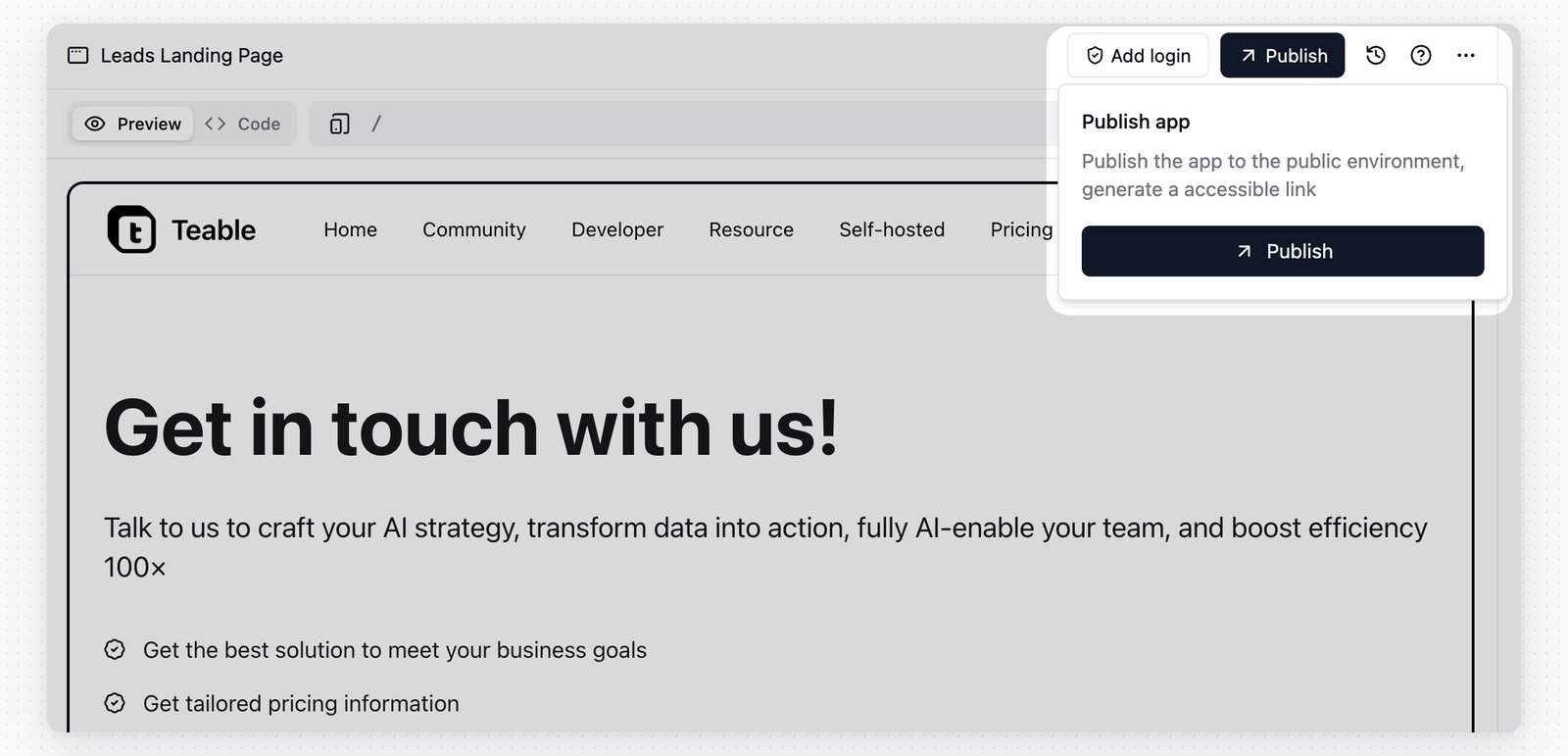 Screenshot of Teable - showing app interface and features