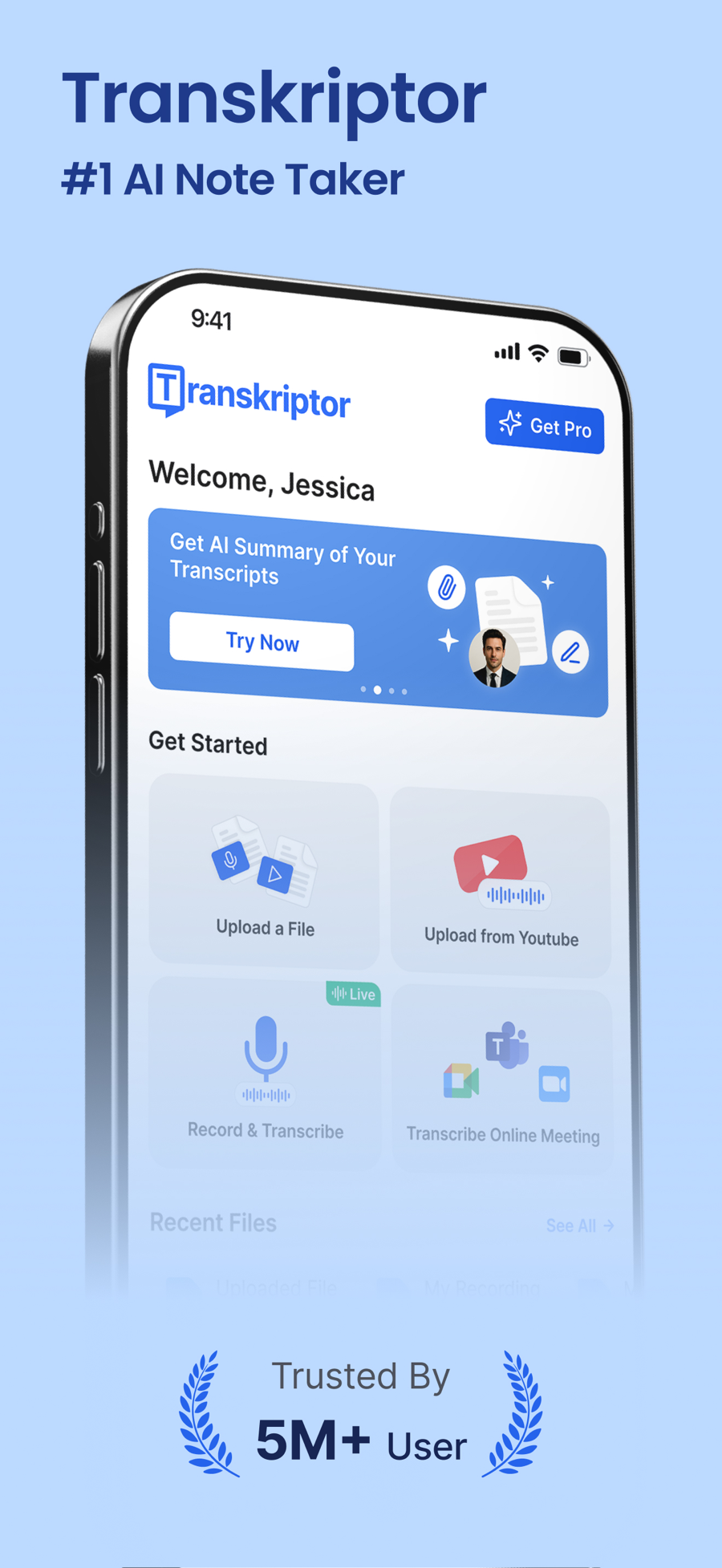 Screenshot of Transkriptor - showing app interface and features