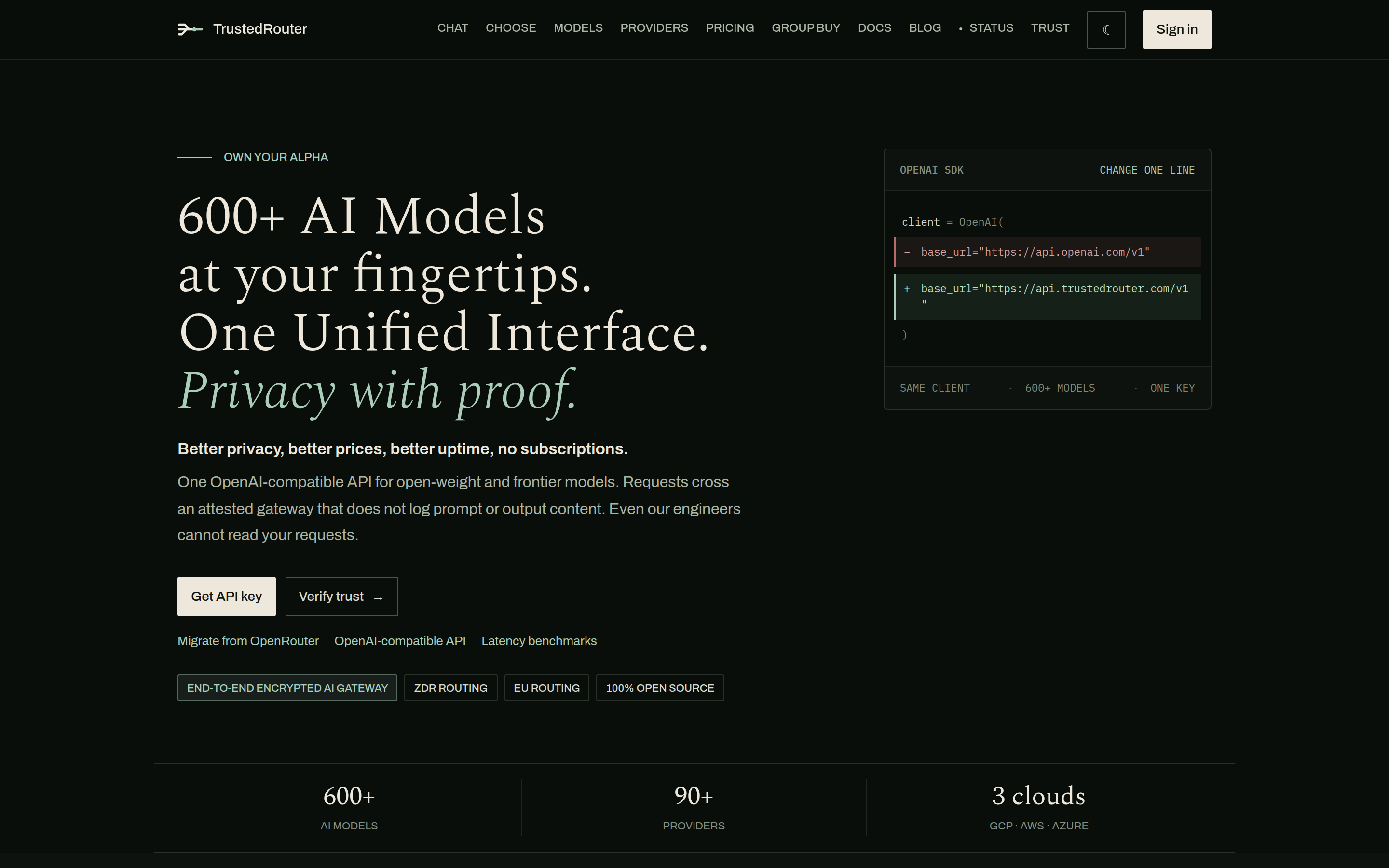 Screenshot of TrustedRouter - showing app interface and features