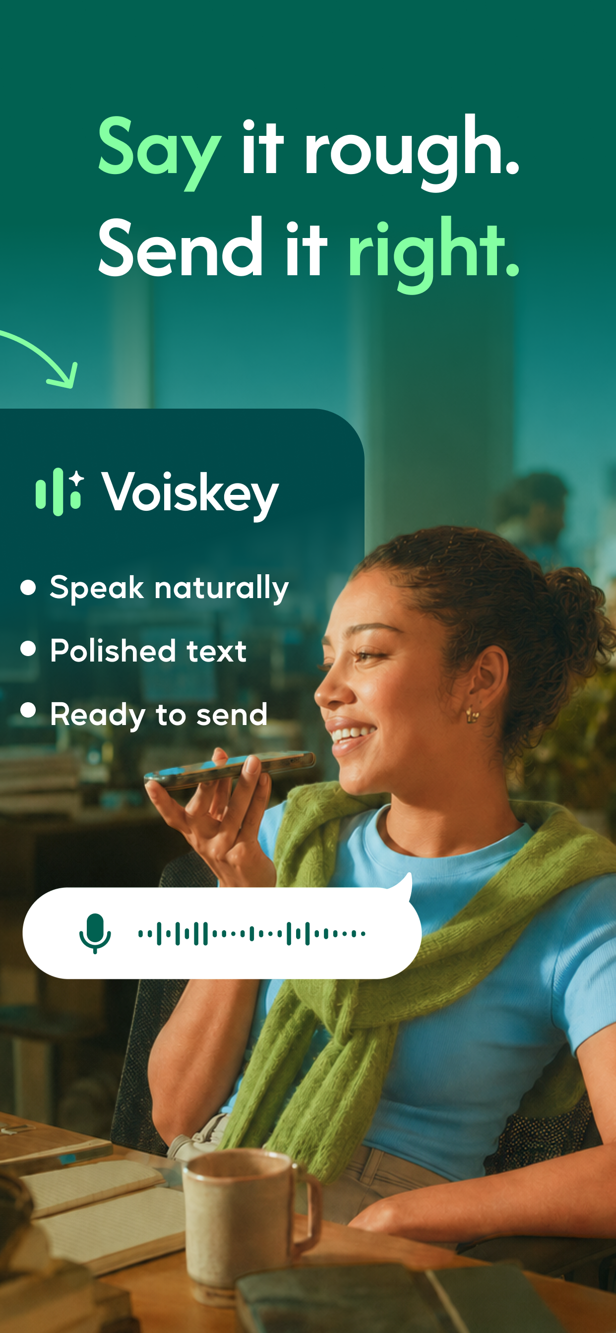 Screenshot of Voiskey - showing app interface and features