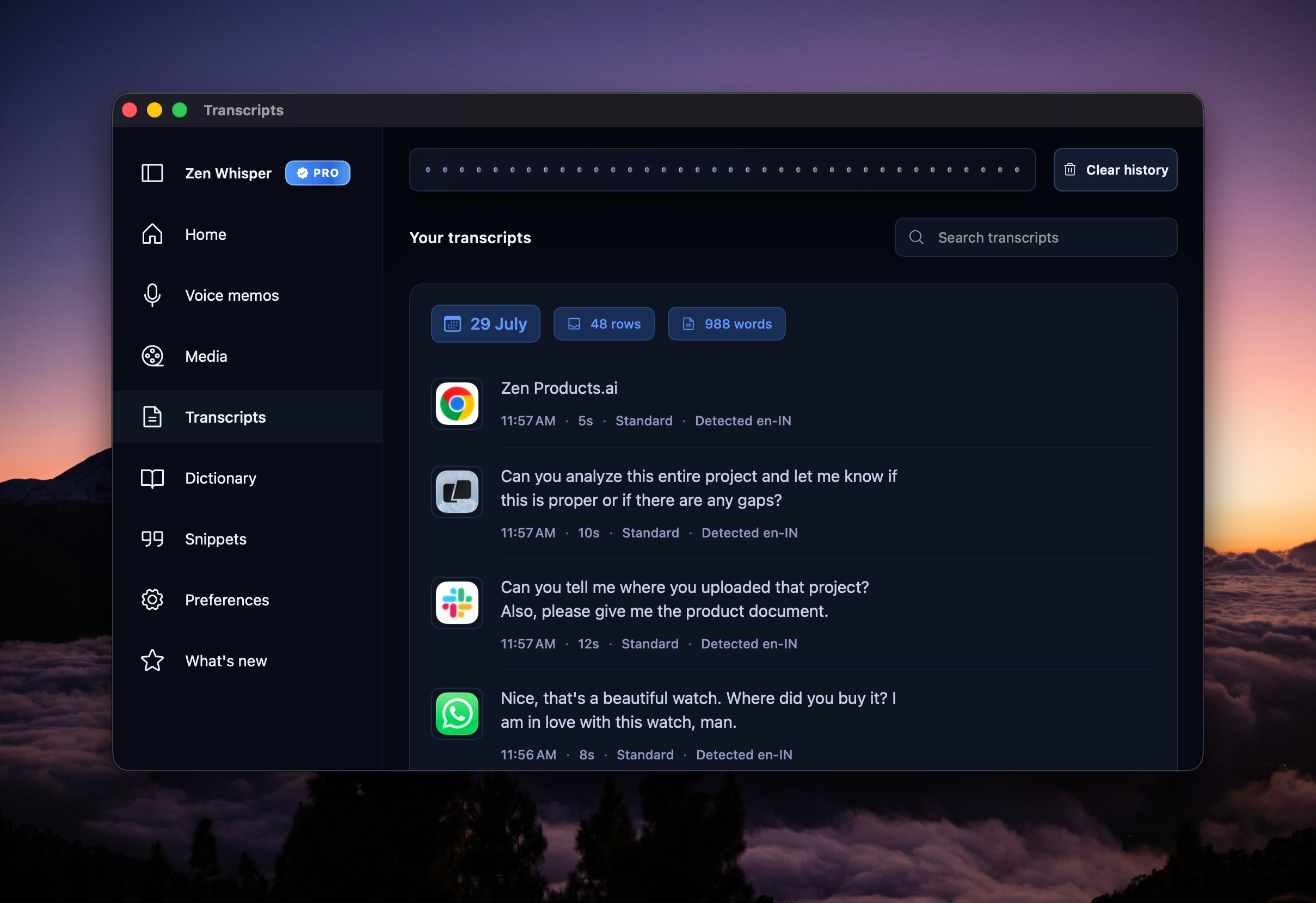 Screenshot of Zen Whisper - showing app interface and features