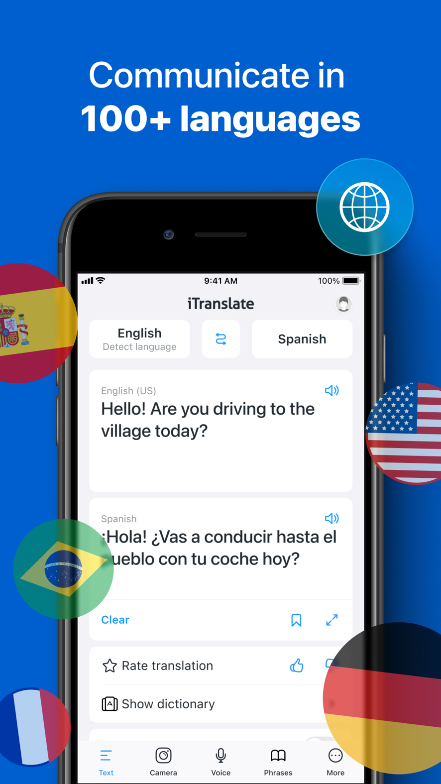 Screenshot of iTranslate - showing app interface and features