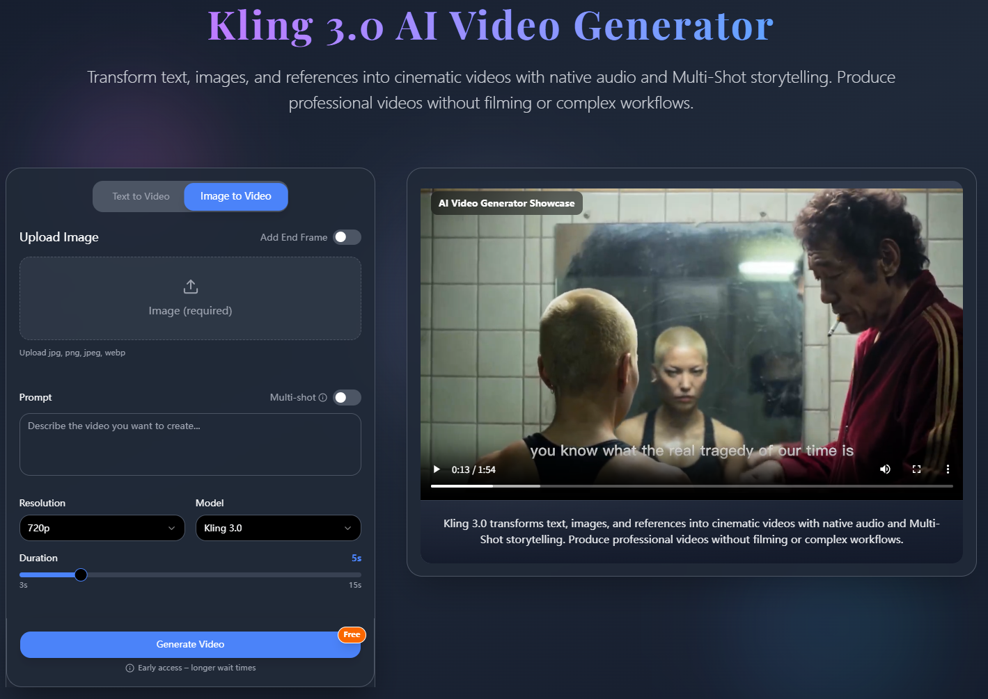Screenshot of kling 3.0 - showing app interface and features