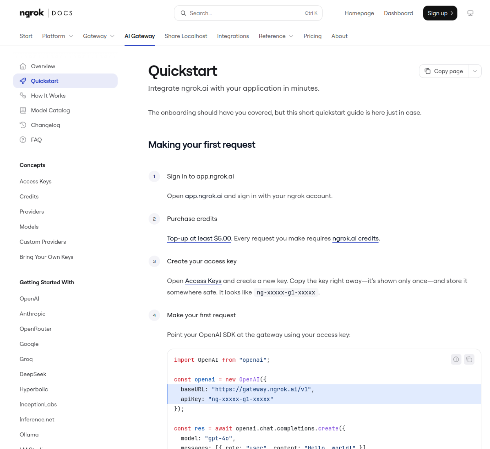 Screenshot of ngrok AI Gateway - showing app interface and features