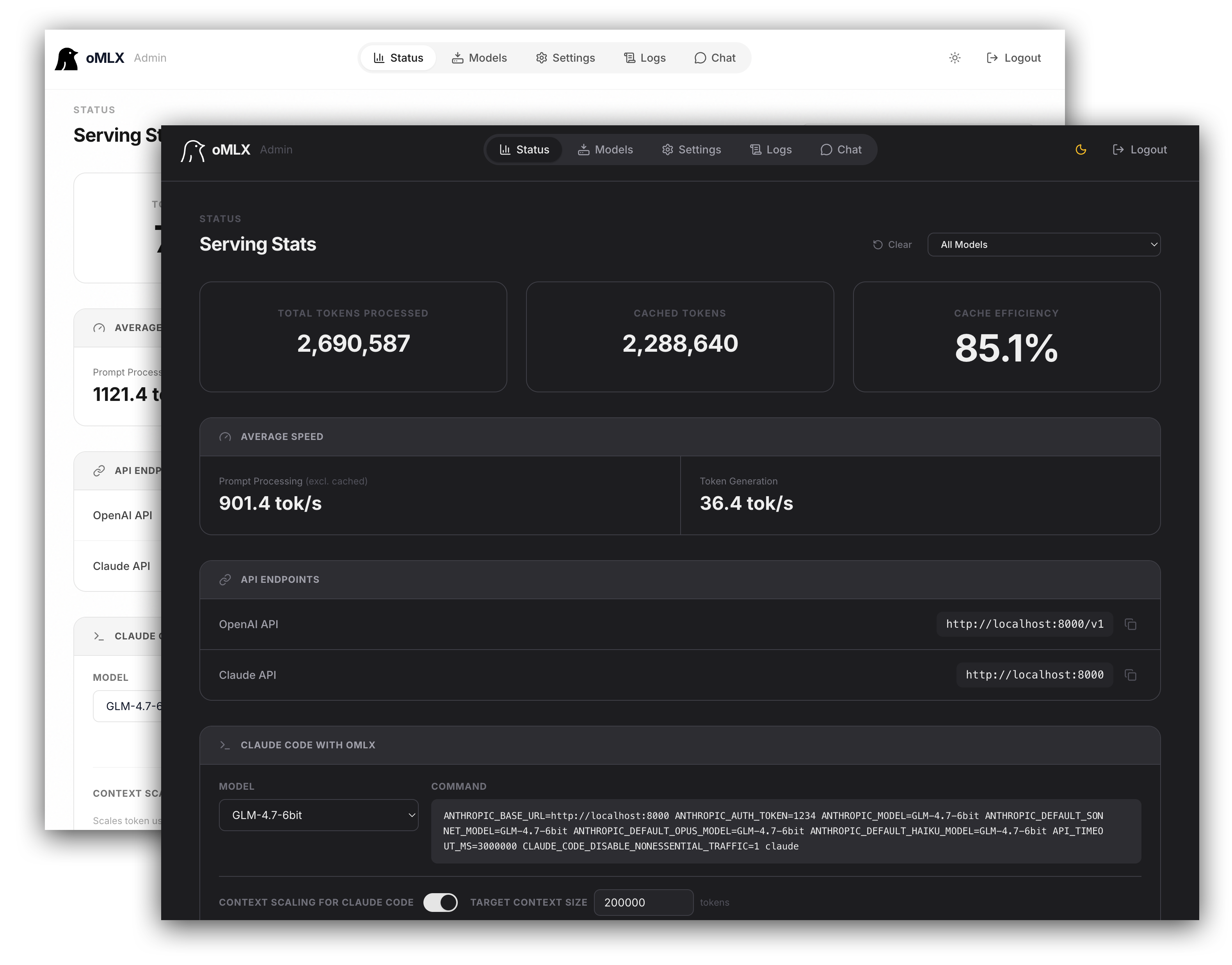 Screenshot of oMLX - showing app interface and features