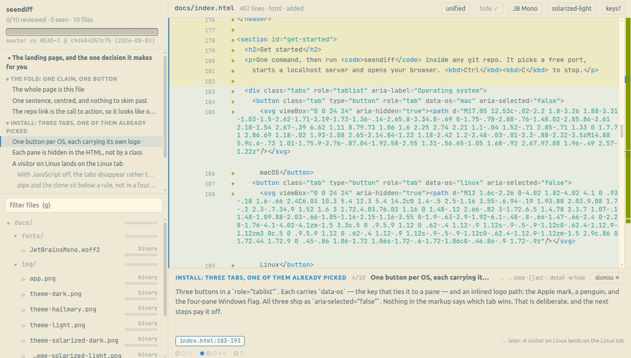 Screenshot of seendiff - showing app interface and features
