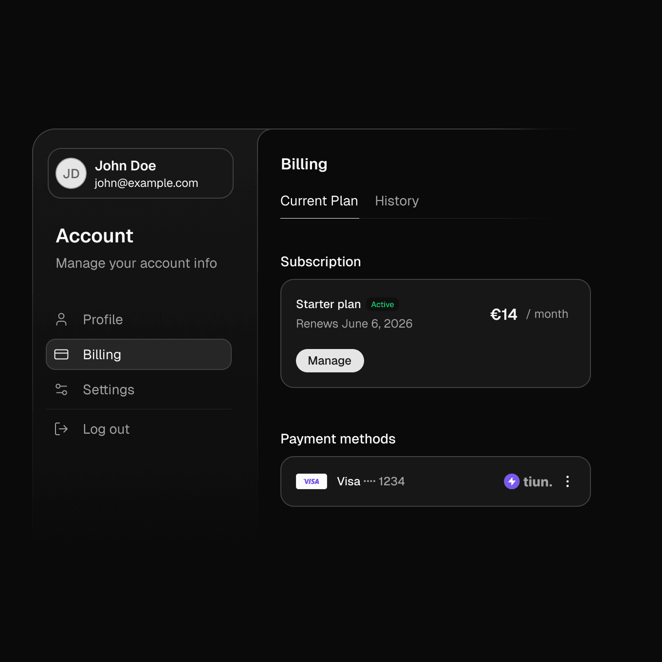 Screenshot of tiun - showing app interface and features